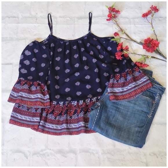 LAST 1 ❗SKIES ARE BLUE Boho Navy Cold Shoulder Top - Picture 3 of 8